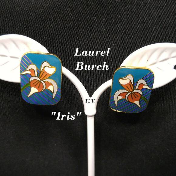 Laurel Burch Gold Plate "Iris" Teal Blue & Orange Enamel Cloisonne, 1980s - Picture 1 of 7